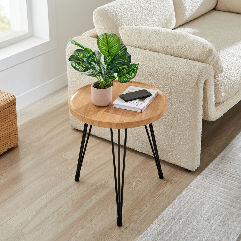Tadao Raised Lip Edge Side Table with Modern Black Metal Hairpin Legs - Round