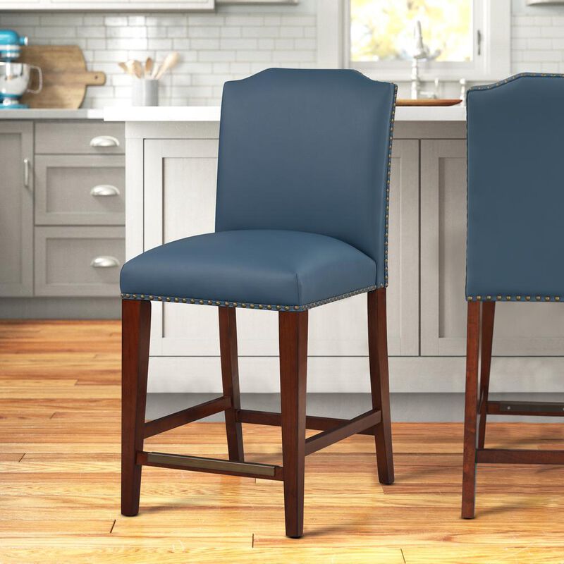Bristol Stationary Blue Faux Leather Counter Stool with Nail Heads