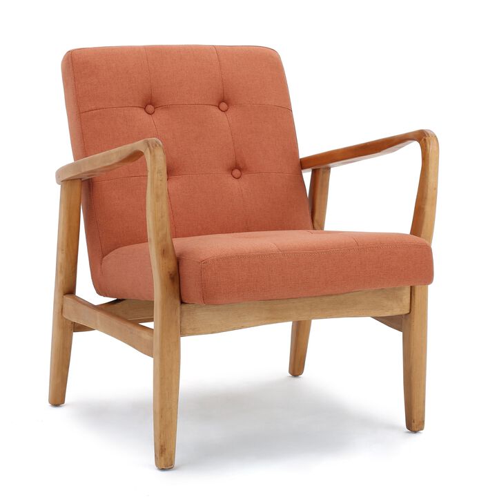 Mimi Accent Chair, Orange Fabric, Button Tufted Backrest, Light Brown Wood - Benzara