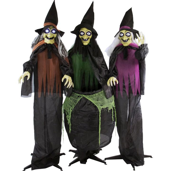 Haunted Hill Farm 3 Standing Witches with Cauldron, Animation and Lights
