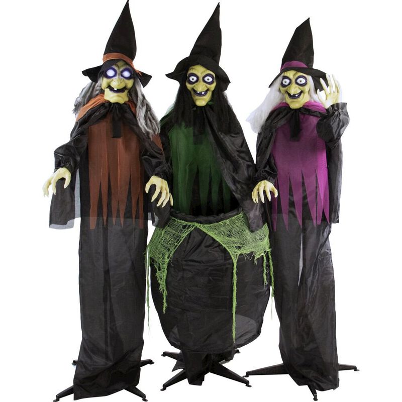 Haunted Hill Farm 3 Standing Witches with Cauldron, Animation and Lights