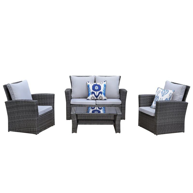 4-Pieces PE Rattan Wicker Outdoor Patio Furniture Set With Grey Cushions
