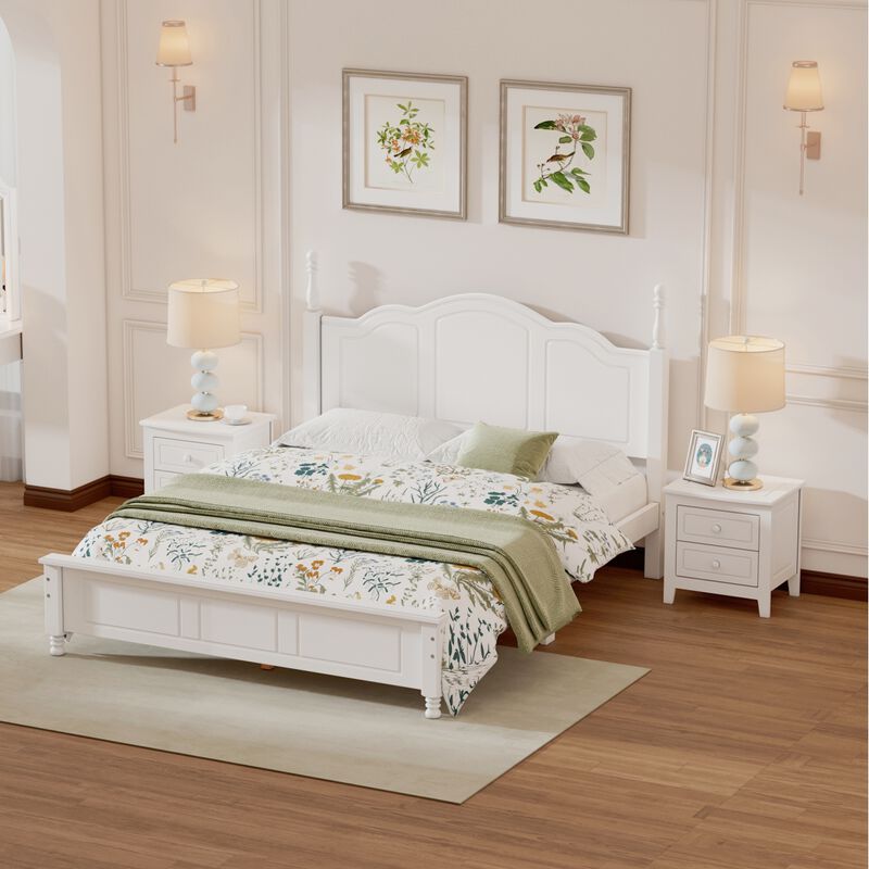 3-Pieces Bedroom Sets, Queen Size Wood Platform Bed And Two Nightstands-White