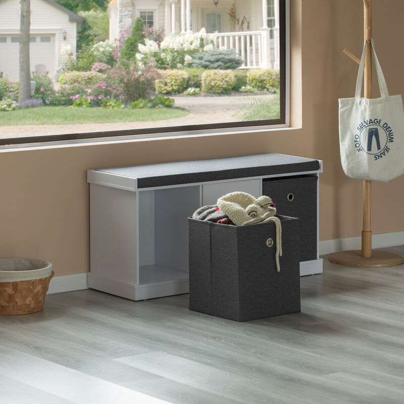 White Shoe Storage Bench with Wooden Frame, 2 Drawers, Foldable Baskets, and Comfortable Gray Cushion for Entryway, Hallway, or Bedroom Organization