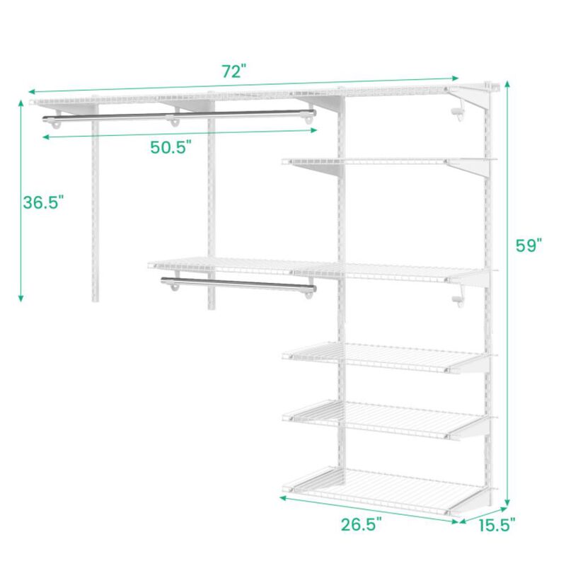 Hivvago Adjustable Closet Organizer Kit with Shelves and Hanging Rods for 4 to 6 Feet
