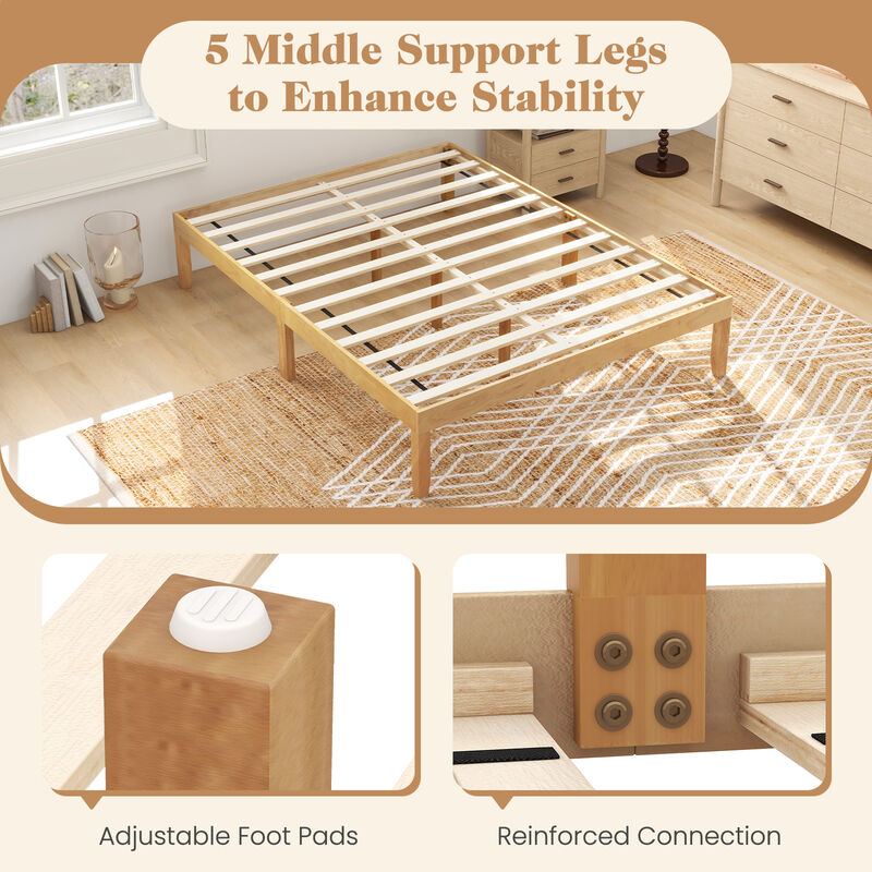 Wood Bed Frame with Wooden Slats Support and Rubber Wood Legs