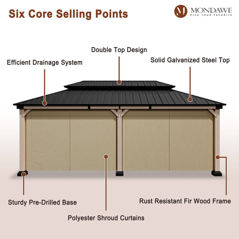 Mondawe Beverly Hills 12 ft. x 20 ft. Outdoor Fir Solid Wood Frame Patio Gazebo Canopy Shelter Galvanized Steel Hardtop Curtain