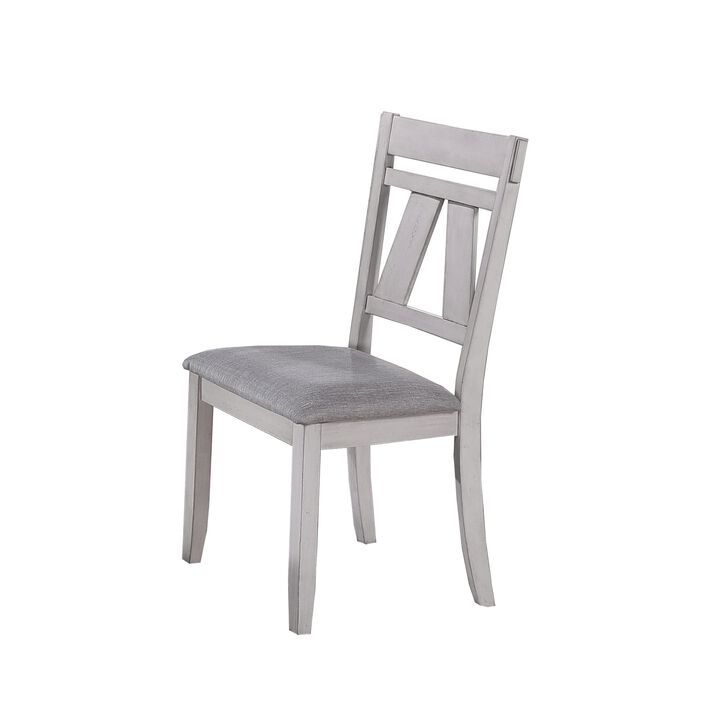 Wooden Side Chair with Fabric Upholstered Seat, Set of 2, White and Gray - Benzara