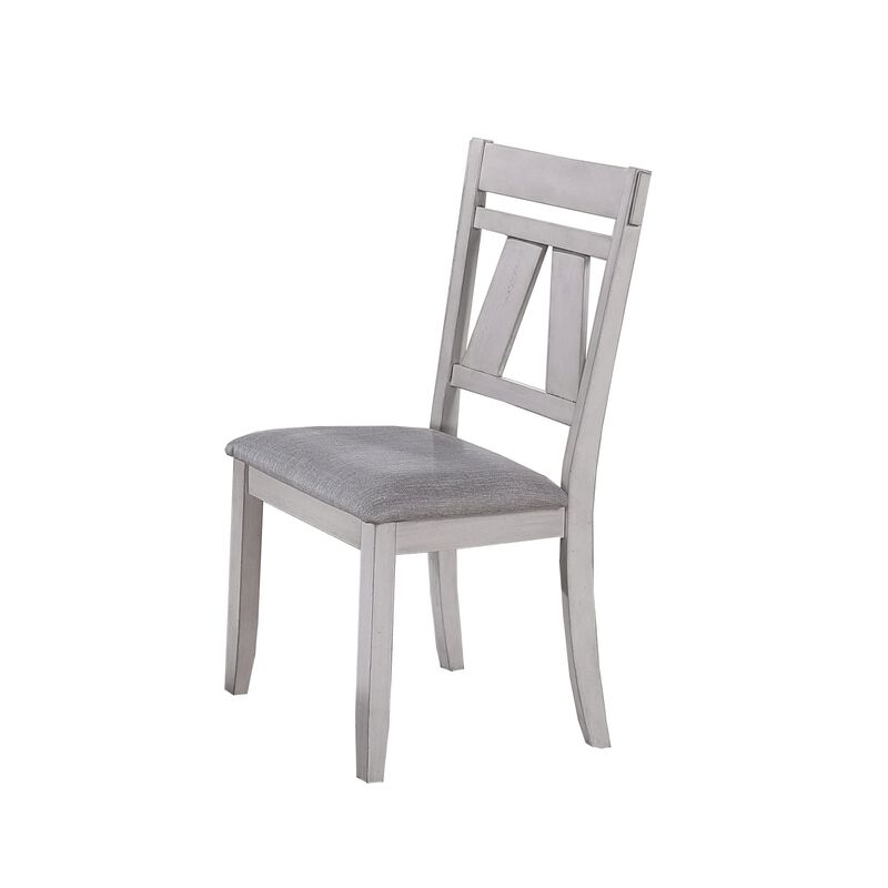 Wooden Side Chair with Fabric Upholstered Seat, Set of 2, White and Gray - Benzara