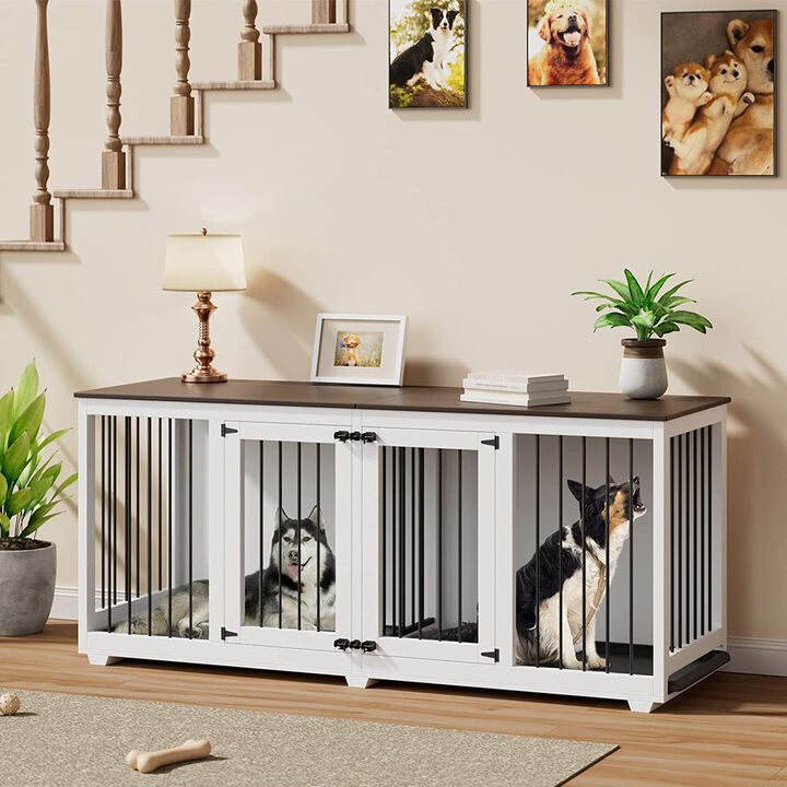 71 in. Heavy-Duty Wooden Dog Crate for 2 Dogs, XXL Large Dog Crate Furniture with Trays and Divider for Large Medium Dog