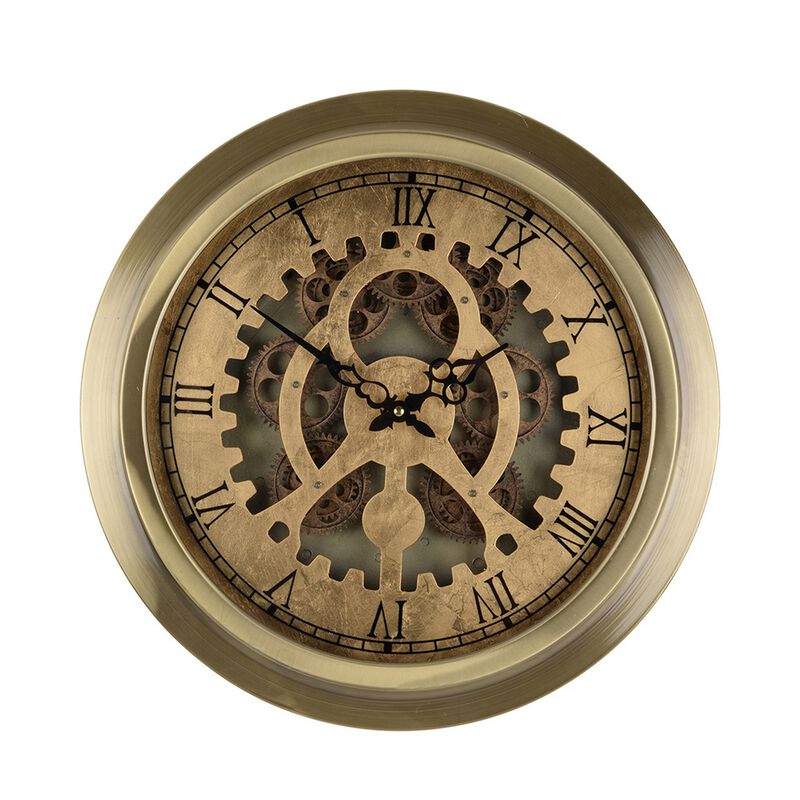 Reny 18 Inch Round Wall Clock, Gear Design, Roman Analog, Gold Bronze - Benzara