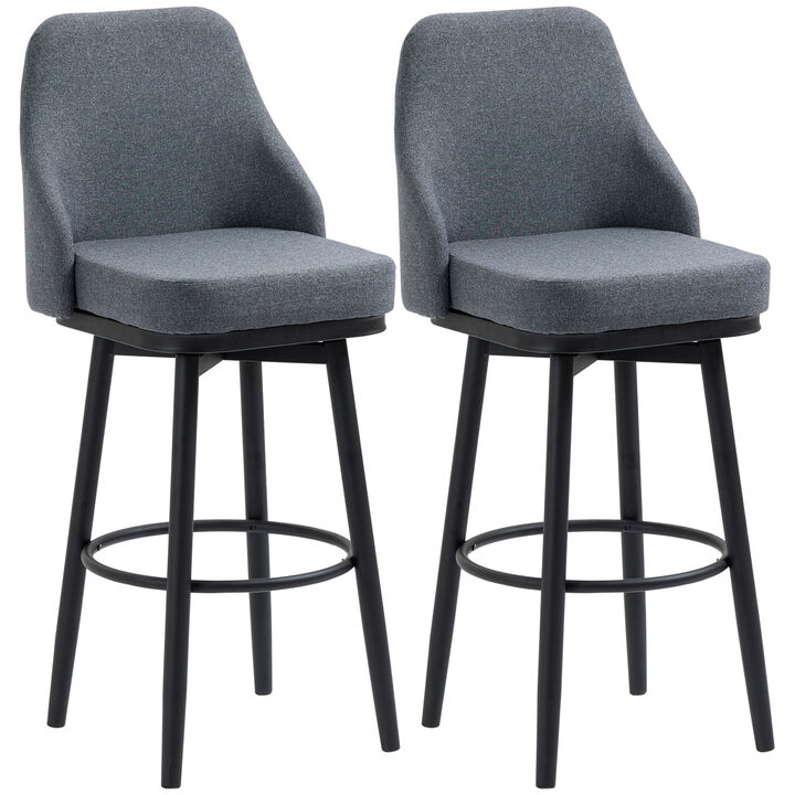 HOMCOM Bar Height Bar Stools Set of 2, Modern 360� Swivel Barstools, 29.5 Inch Seat Height Upholstered Kitchen Chairs with Steel Legs and Footrest, Dark Grey