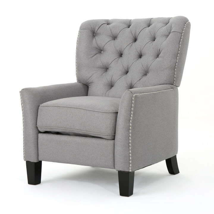 Push Back Recliner Chair, Modern Rivet Design Ergonomic, Light Gray Fabric - Benzara
