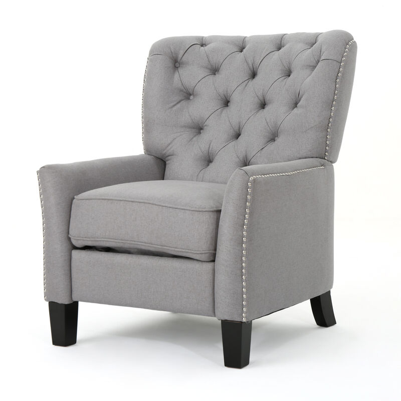 Push Back Recliner Chair, Modern Rivet Design Ergonomic, Light Gray Fabric - Benzara
