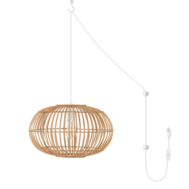Leo 1-Light Farmhouse Coastal Rattan 180" Cord Plug-In or Hardwired LED Pendant