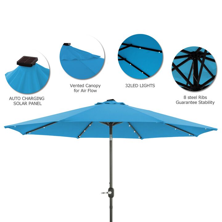 Mondawe 9ft Patio Umbrella Outdoor Market 32 LED Solar Umbrella with Tilt and Crank