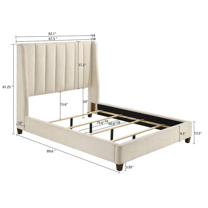 Benjara Aegis Queen Size Bed, Wingback, Channel Tufted, Cream Beige Upholstery