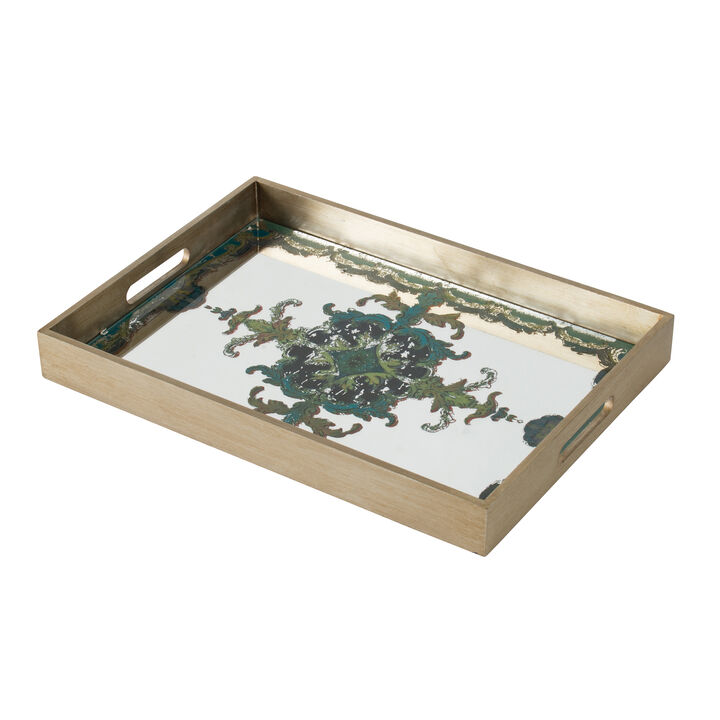 Miki 18 Inch Decorative Tray, Artistic Mirrored Damask Pattern, Gold Finish-Benzara