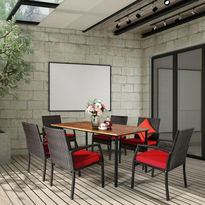 7Pcs Patio Rattan Cushioned Dining Set with Umbrella Hole