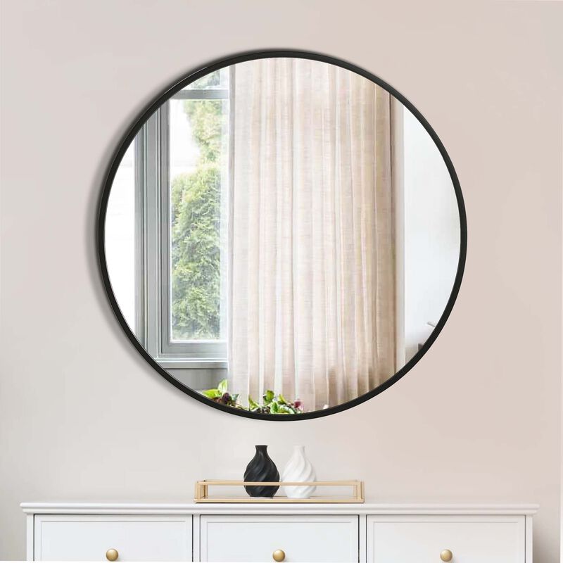 37 Inches Round Shape Sleek Frame Mirror, Black-Benzara