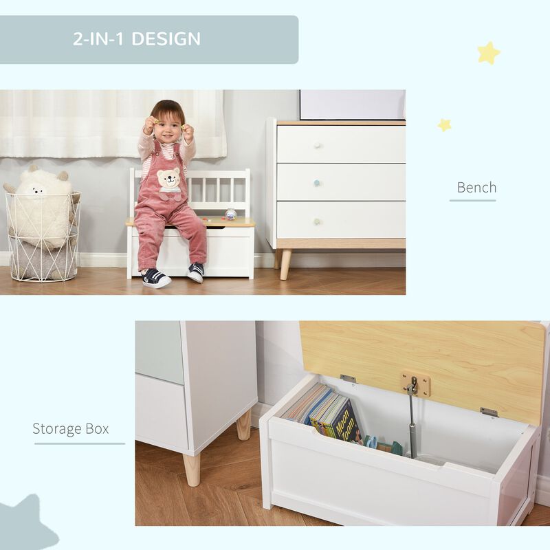 White Kids' Organizer: Wooden Toy Box with Bench Seat & Safety Rod
