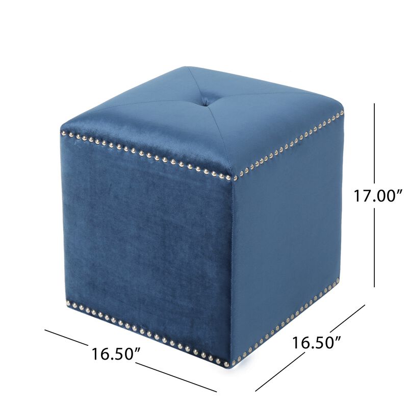 Neli Ottoman, Blue Velvet, Single Tuft on Top, Nailhead Trim, 17 Inch - Benzara