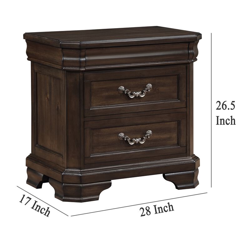 Lynda Nightstand, 2 Drawers Metal Handles, Brown Acacia Wood, 28 Inch - Benzara