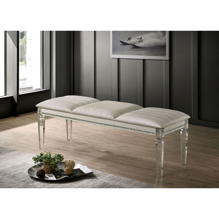 Leatherette and Wood Bench in Pearl White Finish