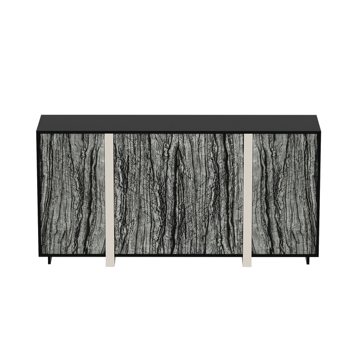 FUFU&GAGA Contemporary Black Sideboard with Marble-Pattern Glass Doors (63" W x 15.7" D x 31.5" H), P2 MDF Cabinet with Silver-Plated Legs