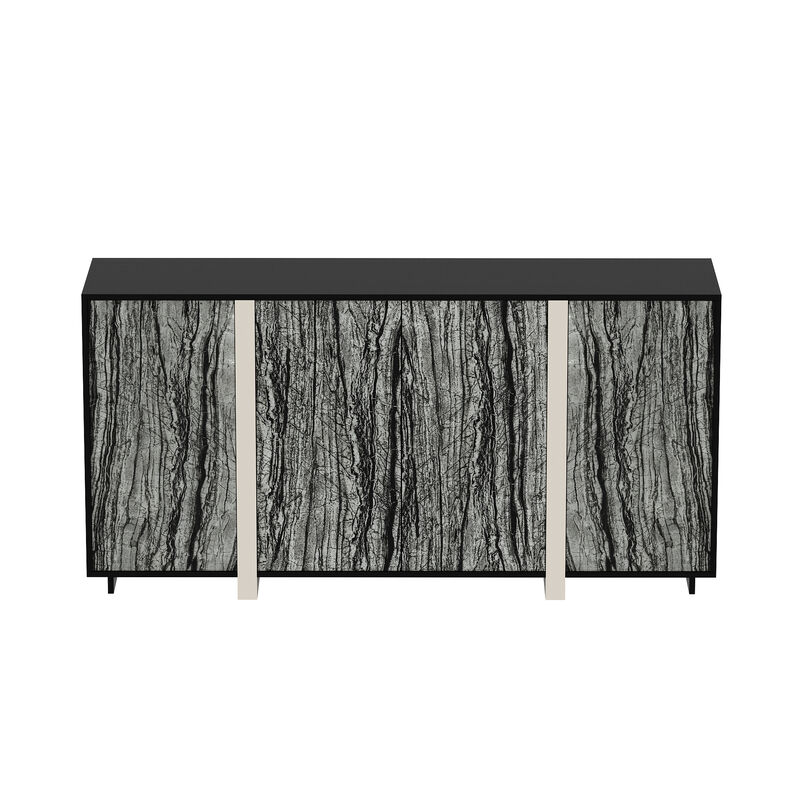 FUFU&GAGA Contemporary Black Sideboard with Marble-Pattern Glass Doors (63" W x 15.7" D x 31.5" H), P2 MDF Cabinet with Silver-Plated Legs