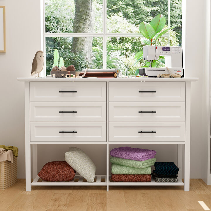 FUFU&GAGA 6-Drawer Storage Cabinet with Open Bamboo Shelf and Elegant Finish (55" W x 35.4" H x 15.7" D),White