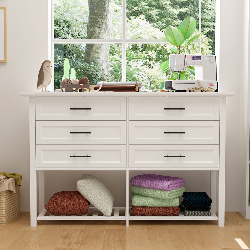 FUFU&GAGA 6-Drawer Storage Cabinet with Open Bamboo Shelf and Elegant Finish (55" W x 35.4" H x 15.7" D),White