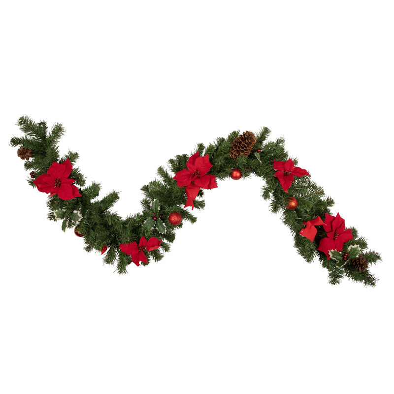 6' x 9" Red Pre-Decorated Poinsettia and Pine Cone Artificial Christmas Garland - Unlit