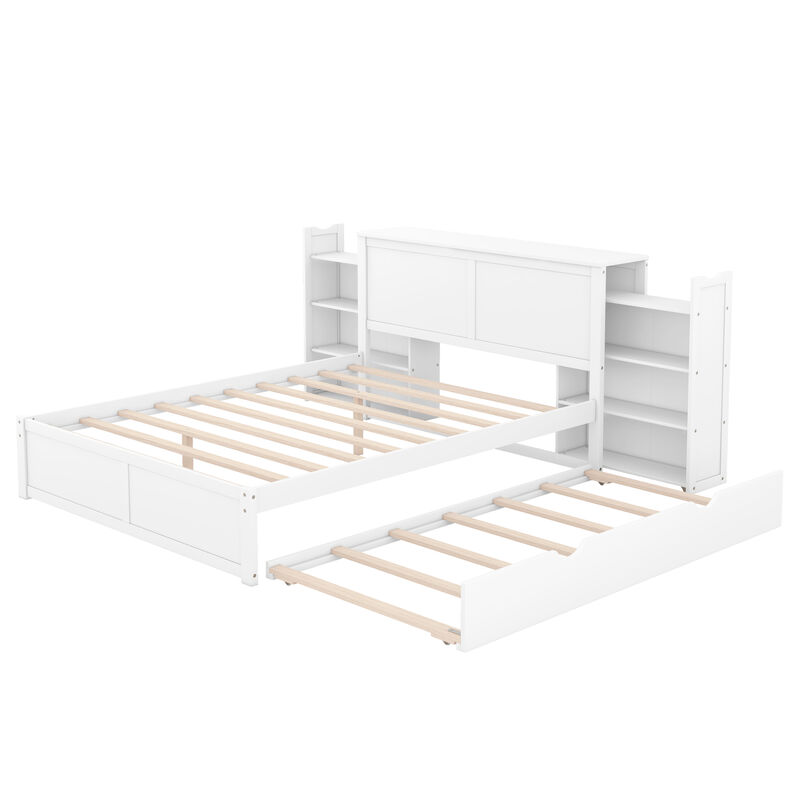 Space-Saving Platform Bed with Storage Shelves and Pull-Out Trundle