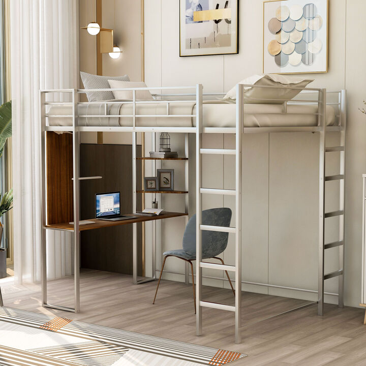 Merax Metal Loft Bed with 2 Shelves and 1 Desk