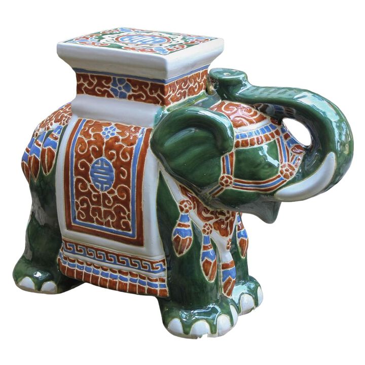 International Caravan Large Porcelain Elephant Stool-Green