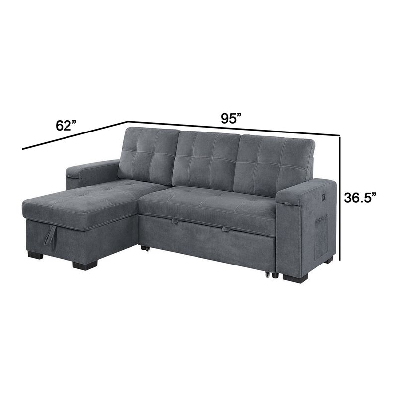 95 Inch Sleeper Sectional Sofa with Storage Chaise, USB Ports, Woven Gray-Benzara
