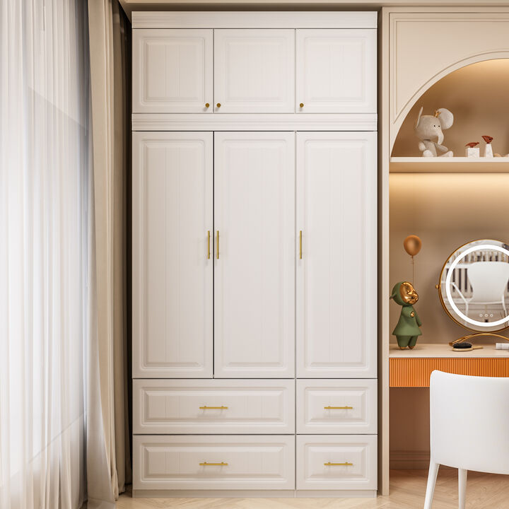 White 6-Door Big Wardrobe Armoires with Hanging Rod, 4-Drawers, Storage Shelves 93.7 in. H x 47.2 in. W x 20.6 in. D