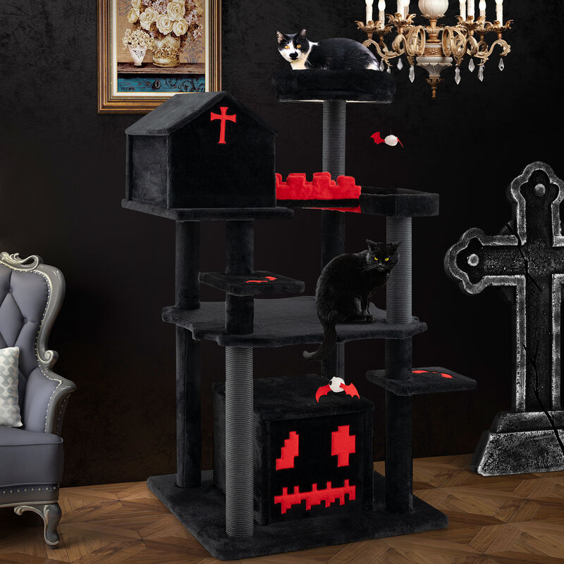 Gothic Cat Tree  Tall Cat Tower 6-Tier Cat Activity Center with Coffin Bed