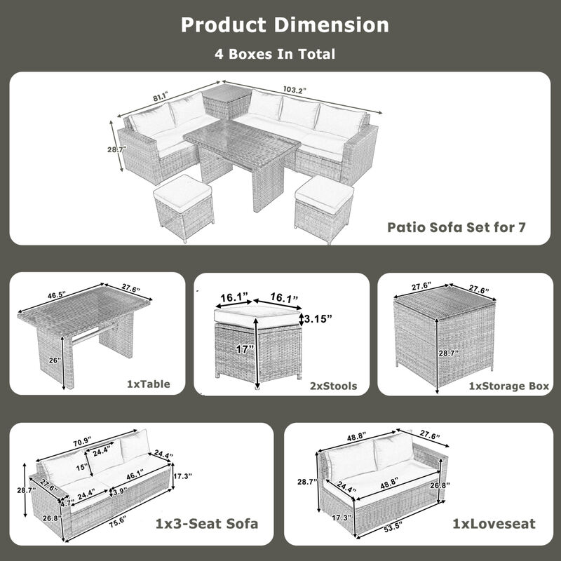 Outdoor 6-Piece All Weather PE Rattan Sofa Set, Garden Patio Wicker Sectional Furniture Set with Adjustable Seat, Storage Box, Removable Covers and Tempered Glass Top Table,Grey