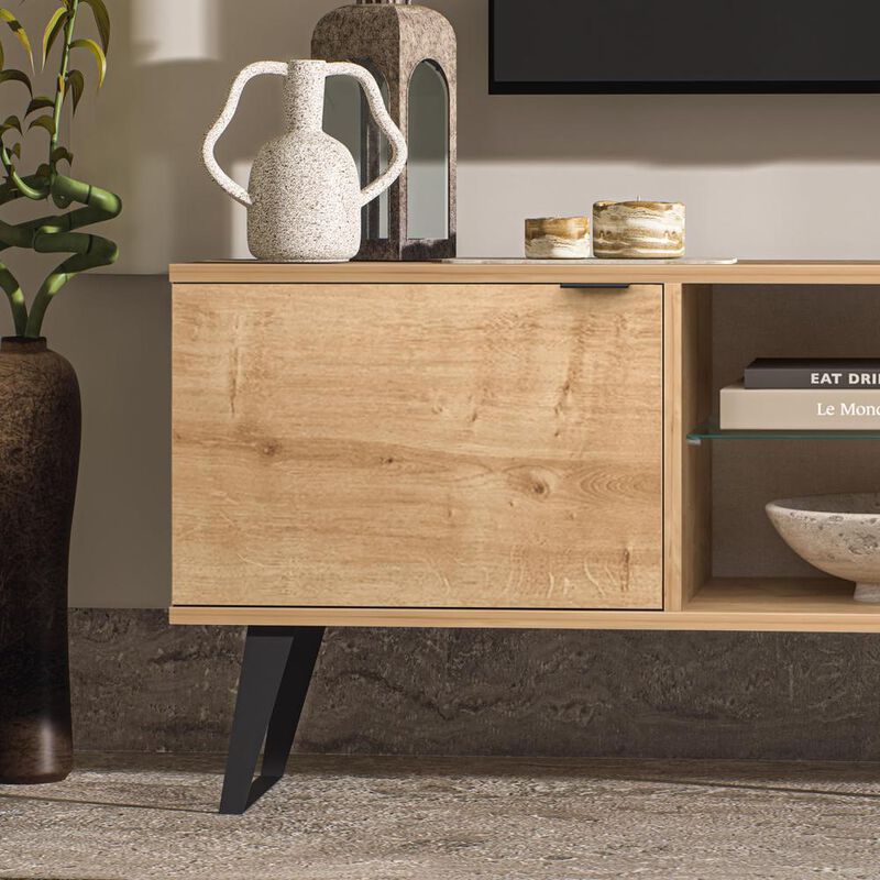 Atelier Mobili Mid Century Modern Door Glass Shelf TV Stand (Oak)