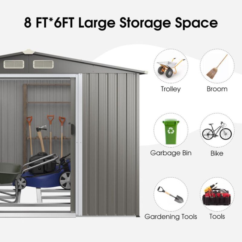 Hivvago 8 x 6 Feet Galvanized Steel Storage Shed for Garden Yard