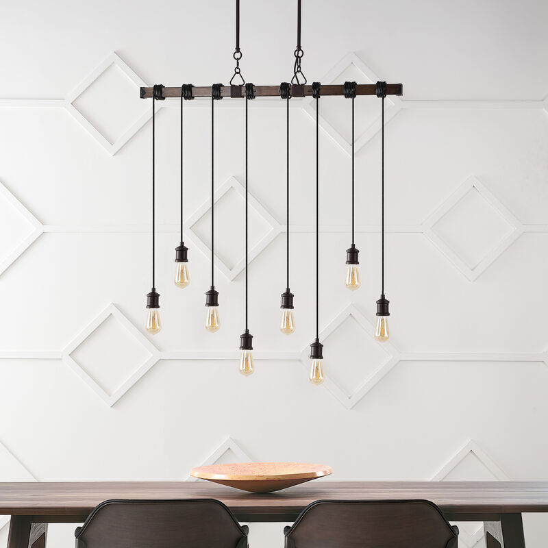 Rhys 8-Light Vintage Industrial Driftwood Iron LED Linear Chandelier with Height Adjustable Bulbs