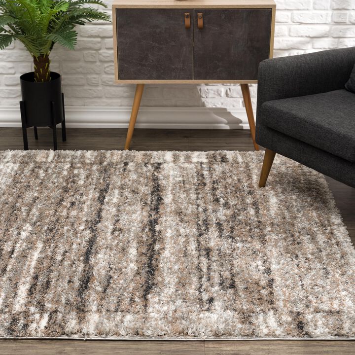 Retro Contemporary Scandinavian Shag Beige Brown Indoor Area Rug
