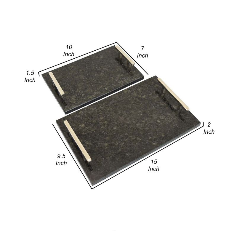 Entro Tray Set of 2, Rectangular Shape, 2 Gold Handles, Black Finish Marble - Benzara