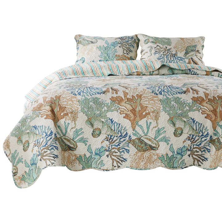 Wade 3pc King Size Quilt Set, Sham, Jade Blue Coastal Microfiber Cotton