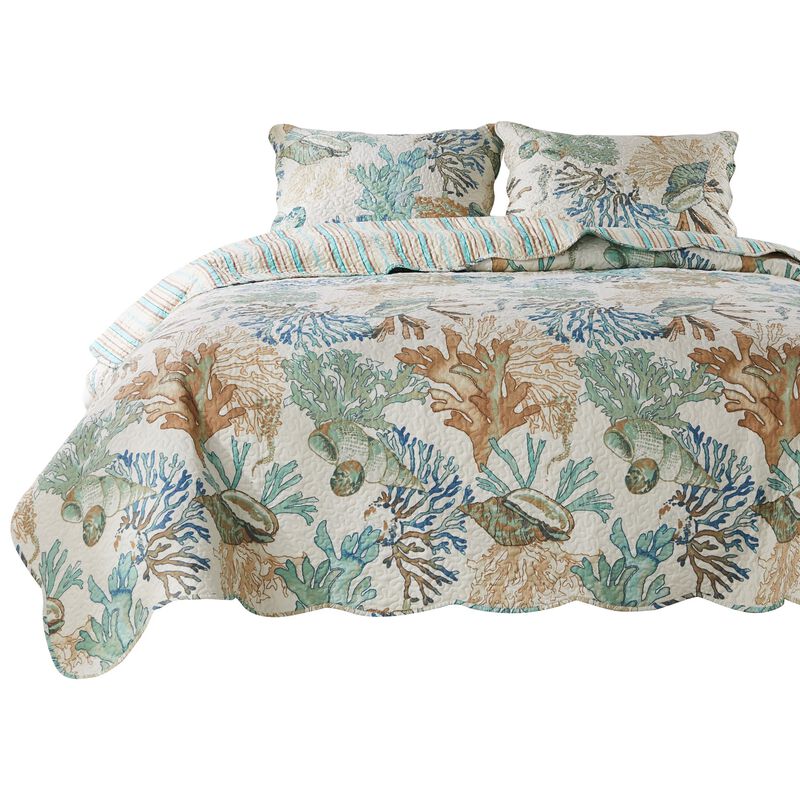 Wade 3pc King Size Quilt Set, Sham, Jade Blue Coastal Microfiber Cotton