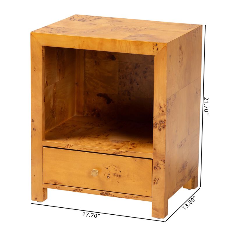 bali & pari Camira Modern and Contemporary Natural Light Mappa Burl Wood 1 Drawer Nightstand