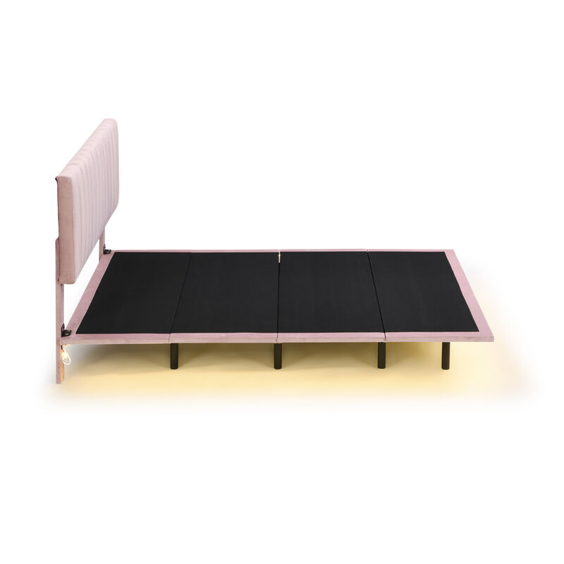 Queen Size Upholstered Bed With Sensor Light And Headboard, Floating Velvet Platform Bed, Pink