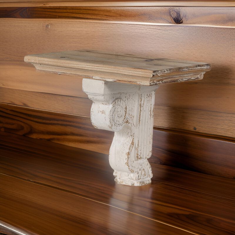 Rick 14 Inch Wall Shelf, Rectangular Brown Top, Fir Wood, Distressed White - Benzara